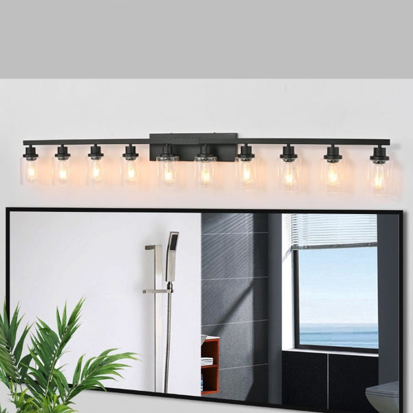 English Elm 10 Light Matte Vanity Bar Wide Wall Fixture with Clear Glass Shades for Modern Bathrooms Black W1340P310785