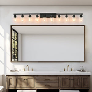 English Elm 10 Light Matte Vanity Bar Wide Wall Fixture with Clear Glass Shades for Modern Bathrooms Black W1340P310785