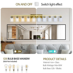 English Elm 10 Light Matte Vanity Bar Wide Wall Fixture with Clear Glass Shades for Modern Bathrooms Gold W1340P310787