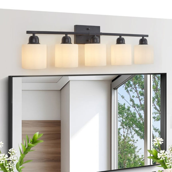 English Elm Black Five Globe Vanity Light Matte Iron Frosted Glass Modern Bathroom Wall Fixture W1340P310789