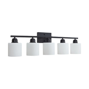 English Elm Black Five Globe Vanity Light Matte Iron Frosted Glass Modern Bathroom Wall Fixture W1340P310789
