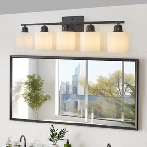 English Elm Black Five Globe Vanity Light Matte Iron Frosted Glass Modern Bathroom Wall Fixture W1340P310789