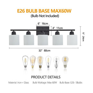 English Elm Black Five Globe Vanity Light Matte Iron Frosted Glass Modern Bathroom Wall Fixture W1340P310789