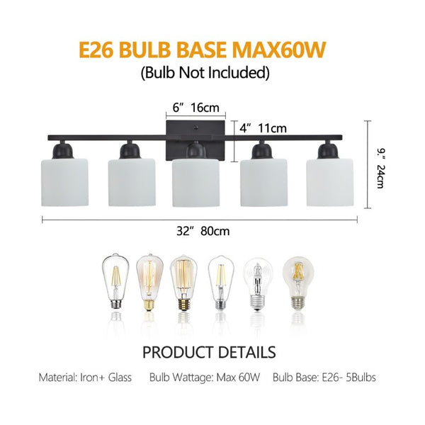 English Elm Black Five Globe Vanity Light Matte Iron Frosted Glass Modern Bathroom Wall Fixture W1340P310789
