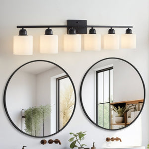 English Elm 6-Light Matte Black Vanity Bar Globe Shades Iron Frame Bathroom Mirror Wall Fixture W1340P310790