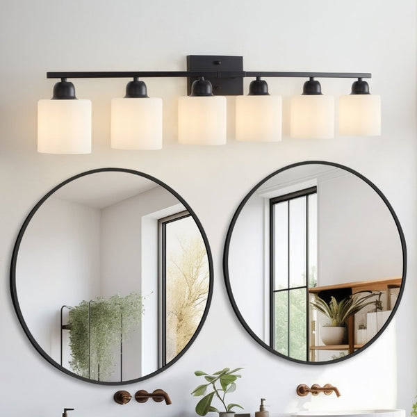 English Elm 6-Light Matte Black Vanity Bar Globe Shades Iron Frame Bathroom Mirror Wall Fixture W1340P310790