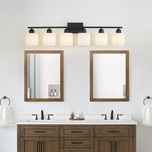 English Elm 6-Light Matte Black Vanity Bar Globe Shades Iron Frame Bathroom Mirror Wall Fixture W1340P310790