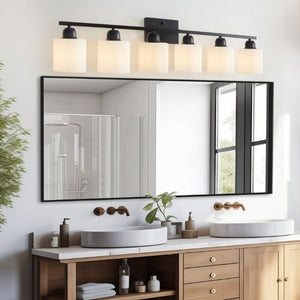 English Elm 6-Light Matte Black Vanity Bar Globe Shades Iron Frame Bathroom Mirror Wall Fixture W1340P310790