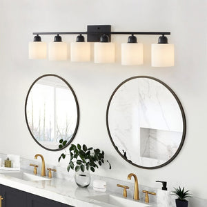 English Elm 6-Light Matte Black Vanity Bar Globe Shades Iron Frame Bathroom Mirror Wall Fixture W1340P310790