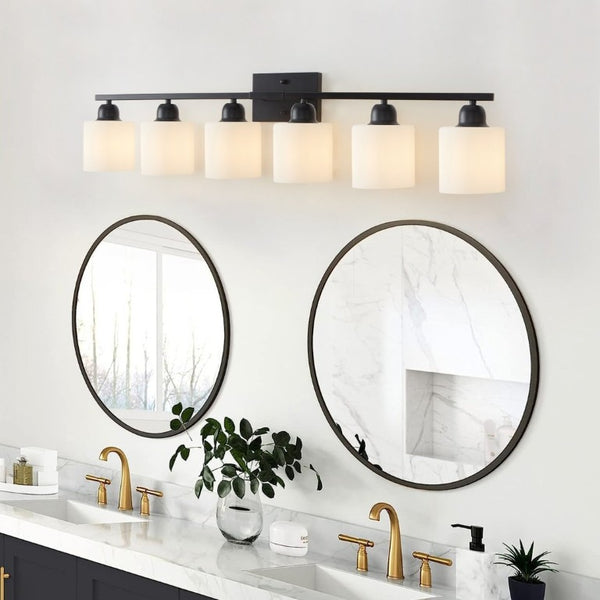 English Elm 6-Light Matte Black Vanity Bar Globe Shades Iron Frame Bathroom Mirror Wall Fixture W1340P310790