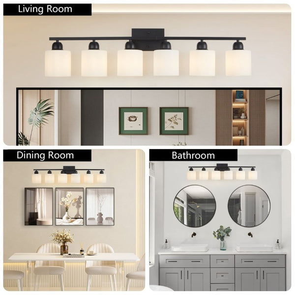 English Elm 6-Light Matte Black Vanity Bar Globe Shades Iron Frame Bathroom Mirror Wall Fixture W1340P310790