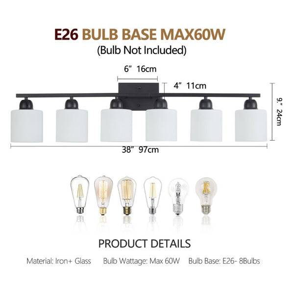 English Elm 6-Light Matte Black Vanity Bar Globe Shades Iron Frame Bathroom Mirror Wall Fixture W1340P310790