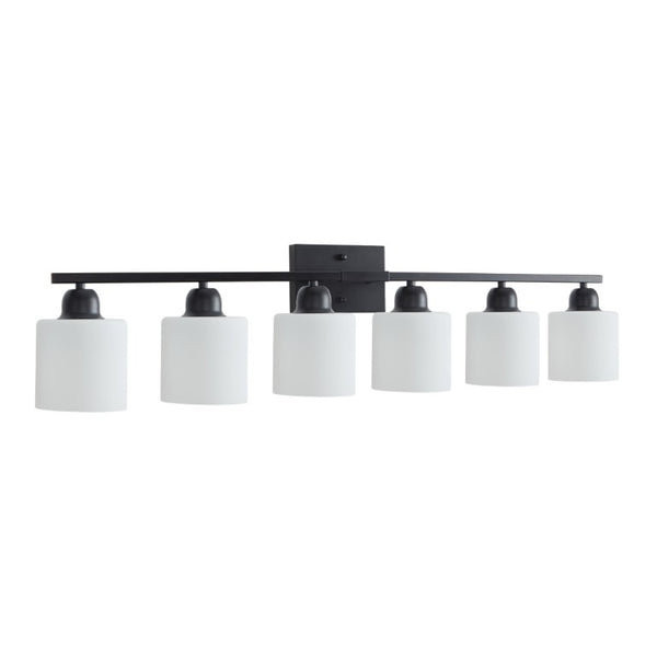 English Elm 6-Light Matte Black Vanity Bar Globe Shades Iron Frame Bathroom Mirror Wall Fixture W1340P310790