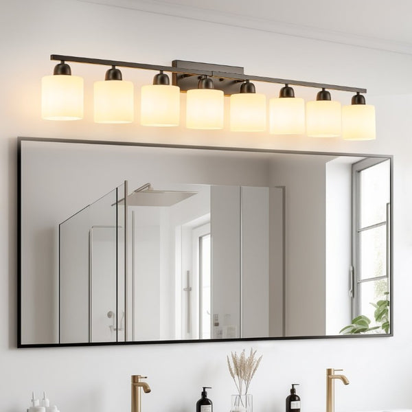 English Elm 8-Light Matte Iron Vanity Bar with Frosted Globe Shades for Mirror Wall Illumination Black W1340P310791