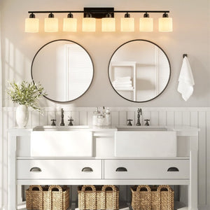 English Elm 8-Light Matte Iron Vanity Bar with Frosted Globe Shades for Mirror Wall Illumination Black W1340P310791