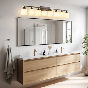 English Elm 8-Light Matte Iron Vanity Bar with Frosted Globe Shades for Mirror Wall Illumination Black W1340P310791