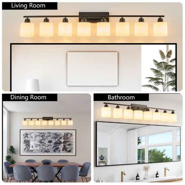 English Elm 8-Light Matte Iron Vanity Bar with Frosted Globe Shades for Mirror Wall Illumination Black W1340P310791