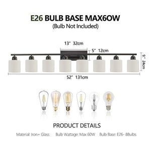 English Elm 8-Light Matte Iron Vanity Bar with Frosted Globe Shades for Mirror Wall Illumination Black W1340P310791