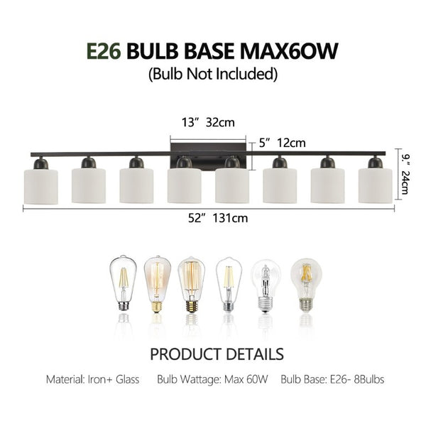 English Elm 8-Light Matte Iron Vanity Bar with Frosted Globe Shades for Mirror Wall Illumination Black W1340P310791