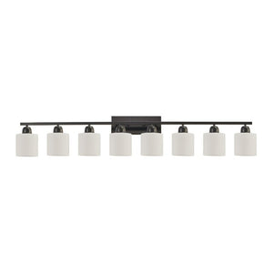 English Elm 8-Light Matte Iron Vanity Bar with Frosted Globe Shades for Mirror Wall Illumination Black W1340P310791