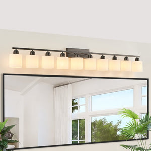 English Elm 10 Light Matte Iron Vanity Bar with Milky Glass Shades Wide Format Wall Fixture Black W1340P310792