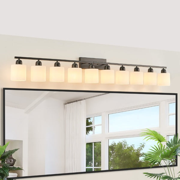 English Elm 10 Light Matte Iron Vanity Bar with Milky Glass Shades Wide Format Wall Fixture Black W1340P310792
