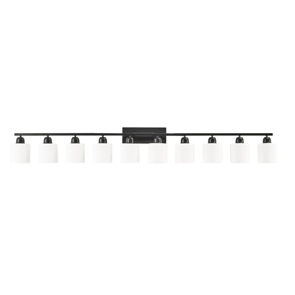 English Elm 10 Light Matte Iron Vanity Bar with Milky Glass Shades Wide Format Wall Fixture Black W1340P310792