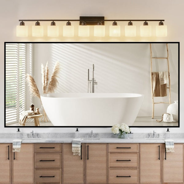 English Elm 10 Light Matte Iron Vanity Bar with Milky Glass Shades Wide Format Wall Fixture Black W1340P310792