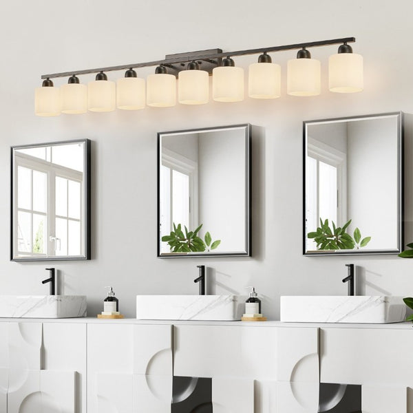 English Elm 10 Light Matte Iron Vanity Bar with Milky Glass Shades Wide Format Wall Fixture Black W1340P310792