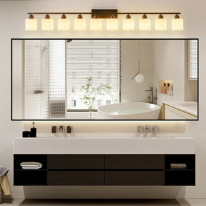English Elm 10 Light Matte Iron Vanity Bar with Milky Glass Shades Wide Format Wall Fixture Black W1340P310792
