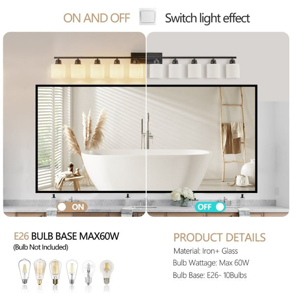 English Elm 10 Light Matte Iron Vanity Bar with Milky Glass Shades Wide Format Wall Fixture Black W1340P310792