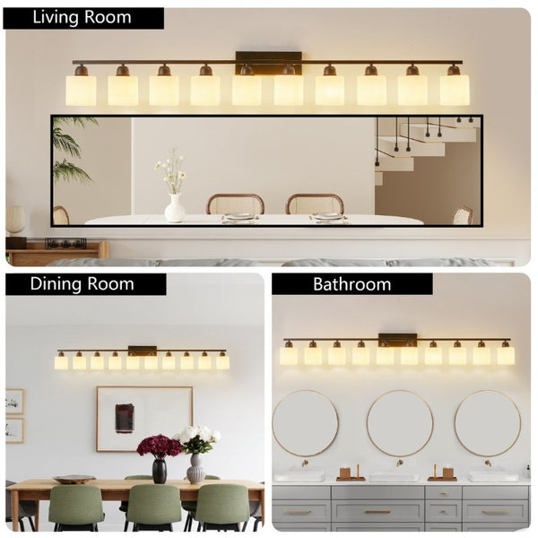 English Elm 10 Light Matte Iron Vanity Bar with Milky Glass Shades Wide Format Wall Fixture Black W1340P310792