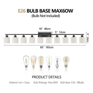 English Elm 10 Light Matte Iron Vanity Bar with Milky Glass Shades Wide Format Wall Fixture Black W1340P310792