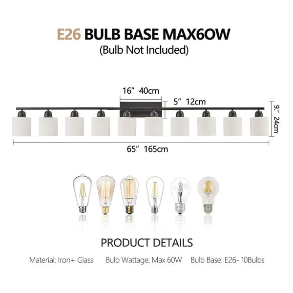 English Elm 10 Light Matte Iron Vanity Bar with Milky Glass Shades Wide Format Wall Fixture Black W1340P310792