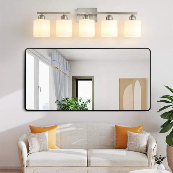 English Elm Brushed Nickel Five Globe Vanity Light with Frosted Glass Shades for Modern Bathrooms Chrome W1340P310794