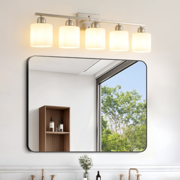English Elm Brushed Nickel Five Globe Vanity Light with Frosted Glass Shades for Modern Bathrooms Chrome W1340P310794