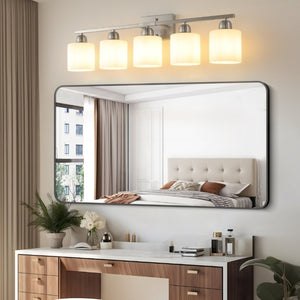English Elm Brushed Nickel Five Globe Vanity Light with Frosted Glass Shades for Modern Bathrooms Chrome W1340P310794