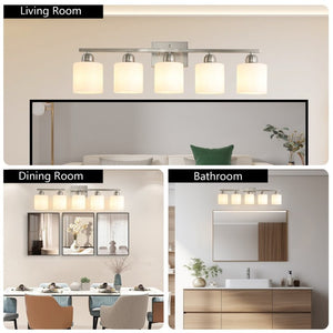 English Elm Brushed Nickel Five Globe Vanity Light with Frosted Glass Shades for Modern Bathrooms Chrome W1340P310794