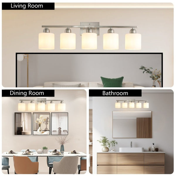 English Elm Brushed Nickel Five Globe Vanity Light with Frosted Glass Shades for Modern Bathrooms Chrome W1340P310794
