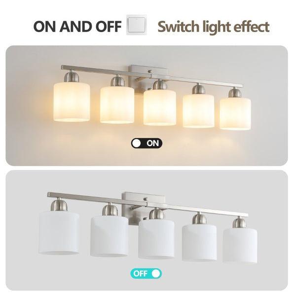 English Elm Brushed Nickel Five Globe Vanity Light with Frosted Glass Shades for Modern Bathrooms Chrome W1340P310794