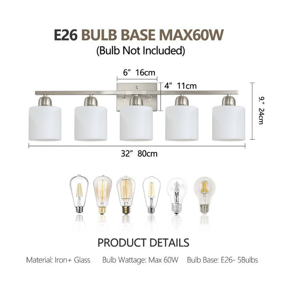 English Elm Brushed Nickel Five Globe Vanity Light with Frosted Glass Shades for Modern Bathrooms Chrome W1340P310794