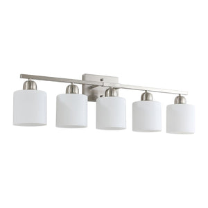English Elm Brushed Nickel Five Globe Vanity Light with Frosted Glass Shades for Modern Bathrooms Chrome W1340P310794