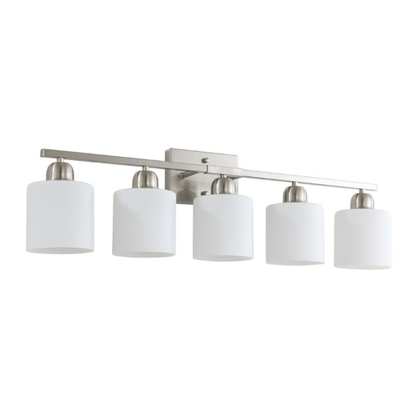 English Elm Brushed Nickel Five Globe Vanity Light with Frosted Glass Shades for Modern Bathrooms Chrome W1340P310794