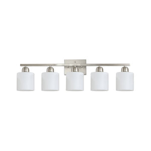 English Elm Brushed Nickel Five Globe Vanity Light with Frosted Glass Shades for Modern Bathrooms Chrome W1340P310794