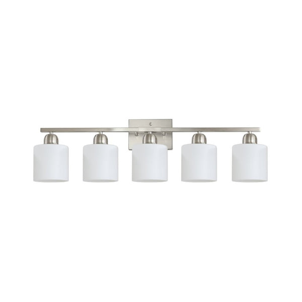 English Elm Brushed Nickel Five Globe Vanity Light with Frosted Glass Shades for Modern Bathrooms Chrome W1340P310794