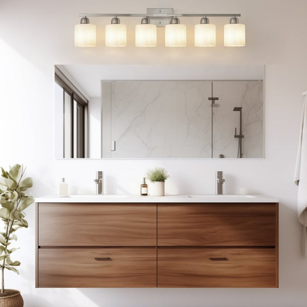 English Elm 38 Inch Brushed Nickel Vanity Light Bar Six Globe Shades for Bathroom Mirror Wall Chrome W1340P310795