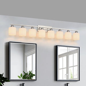 English Elm 8-Light Matte Iron Vanity Bar with Frosted Globe Shades for Mirror Wall Illumination Chrome W1340P310796