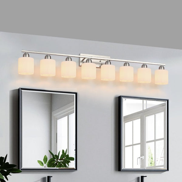 English Elm 8-Light Matte Iron Vanity Bar with Frosted Globe Shades for Mirror Wall Illumination Chrome W1340P310796