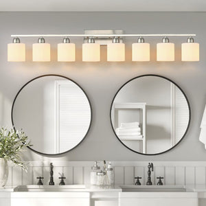 English Elm 8-Light Matte Iron Vanity Bar with Frosted Globe Shades for Mirror Wall Illumination Chrome W1340P310796