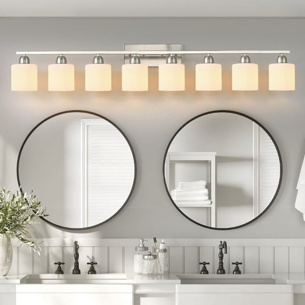 English Elm 8-Light Matte Iron Vanity Bar with Frosted Globe Shades for Mirror Wall Illumination Chrome W1340P310796